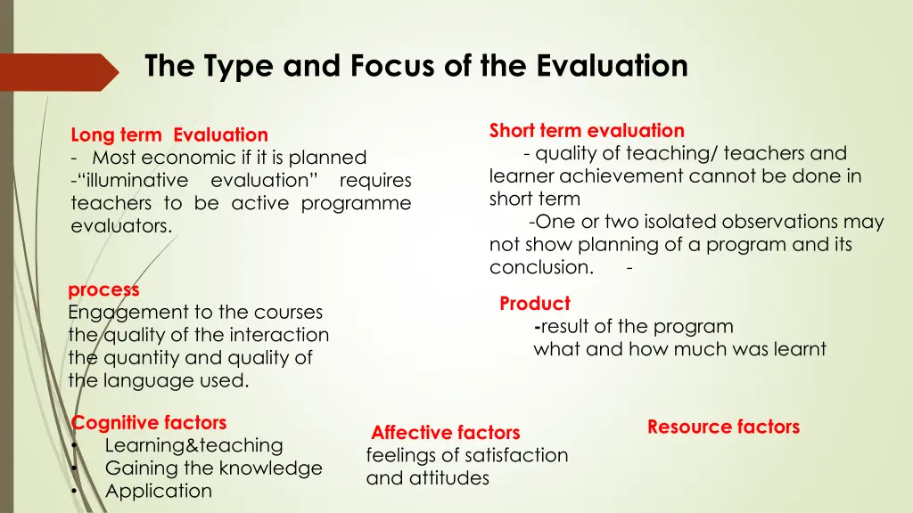 the type and focus of the evaluation 1