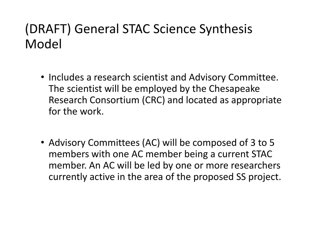 draft general stac science synthesis model