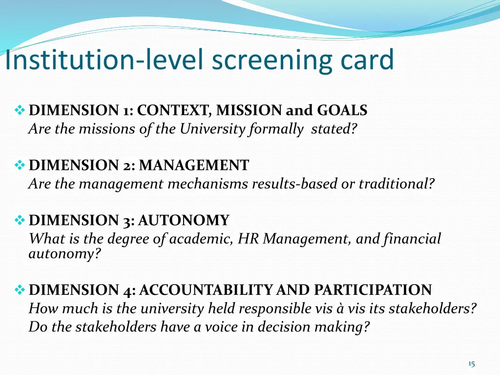 institution level screening card
