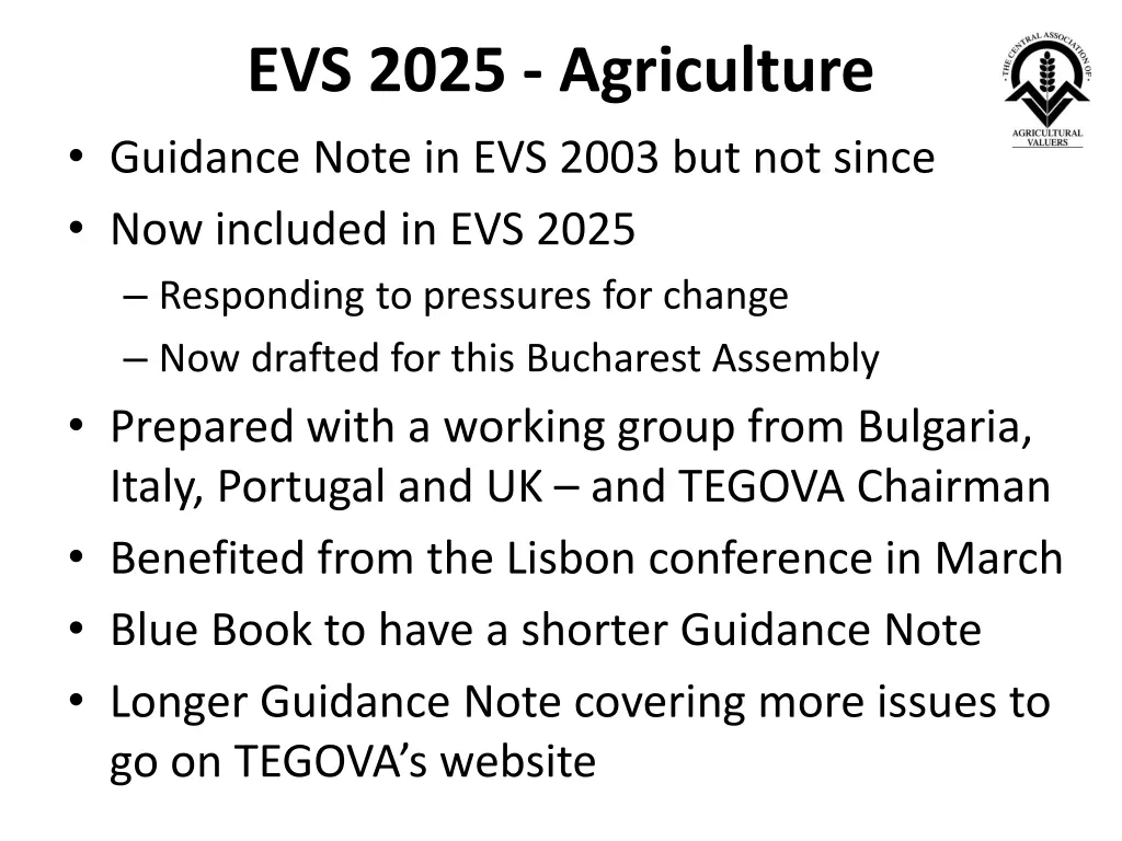 evs 2025 agriculture guidance note in evs 2003
