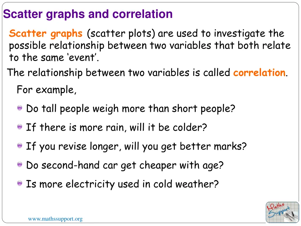 scatter graphs and correlation scatter graphs