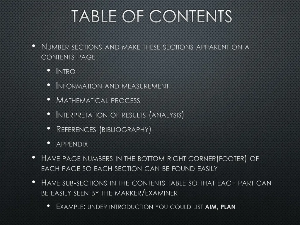 table of contents