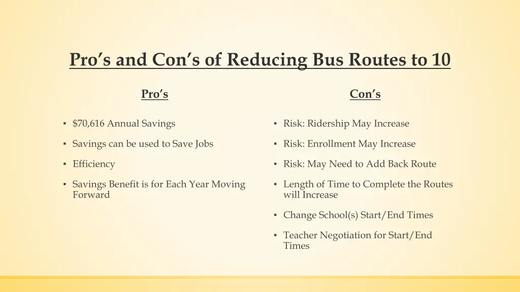pro s and con s of reducing bus routes to 10