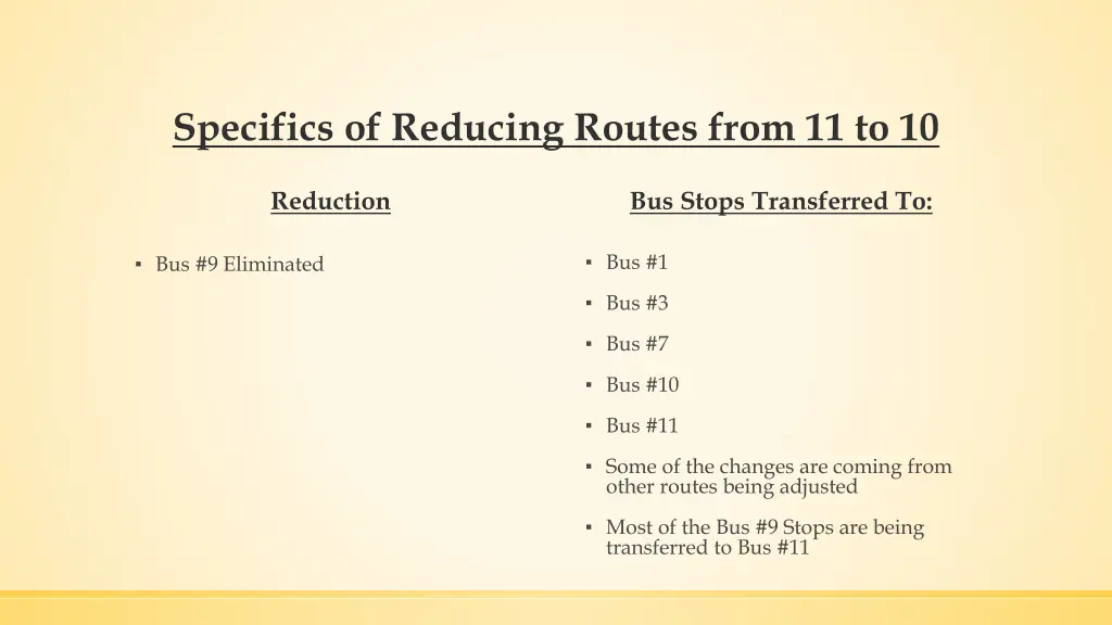 specifics of reducing routes from 11 to 10