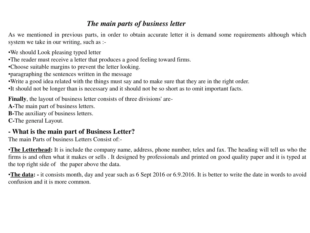 the main parts of business letter