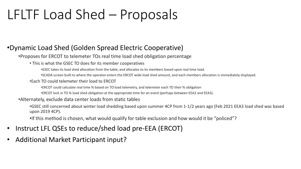 lfltf load shed proposals
