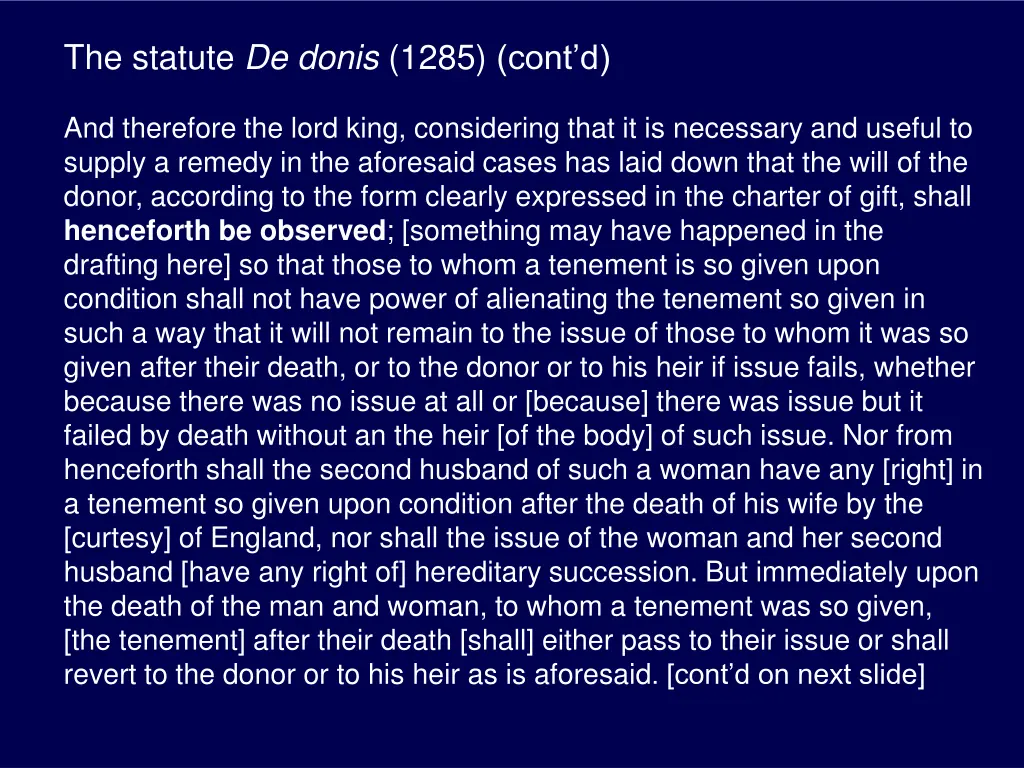 the statute de donis 1285 cont d 1