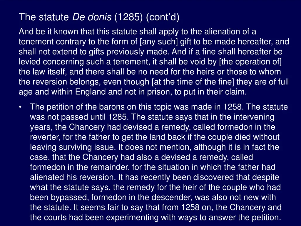 the statute de donis 1285 cont d and be it known