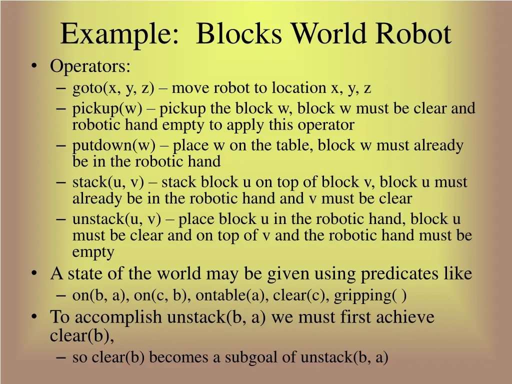 example blocks world robot operators goto