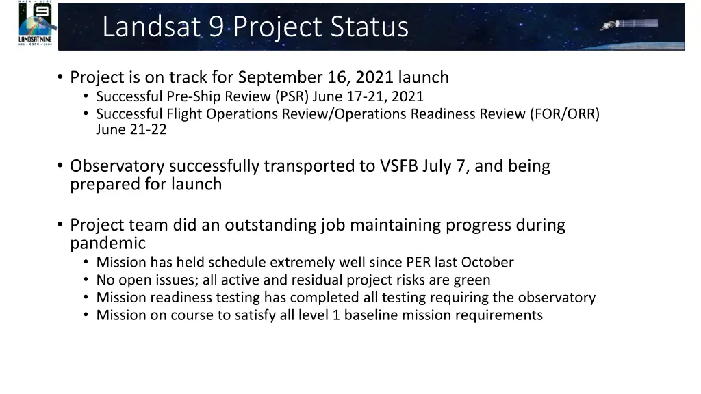 landsat 9 project status