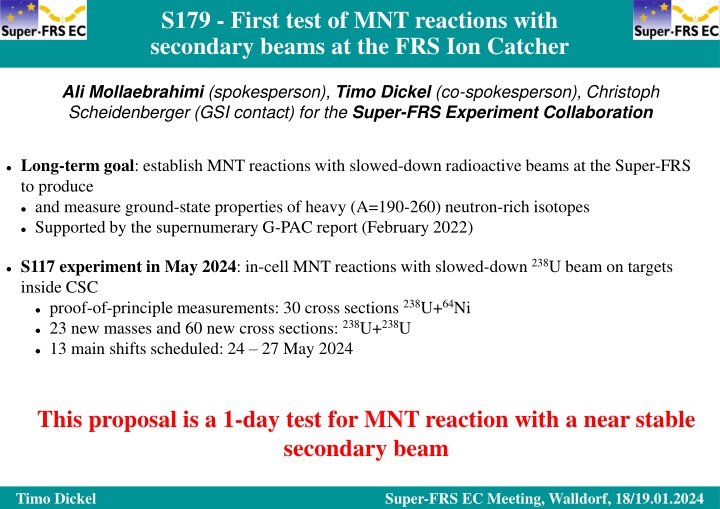 s179 first test of mnt reactions with secondary