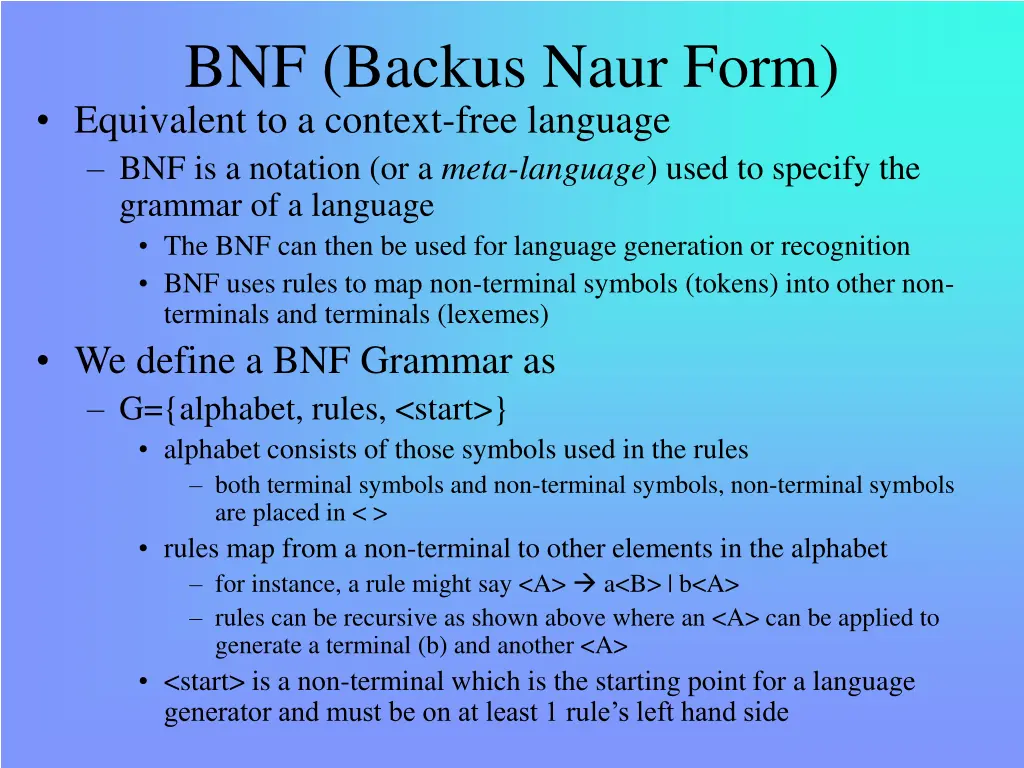 bnf backus naur form equivalent to a context free