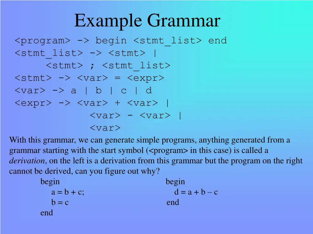 example grammar program begin stmt list end stmt