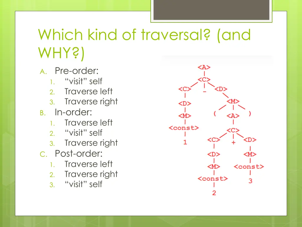 which kind of traversal and why a pre order