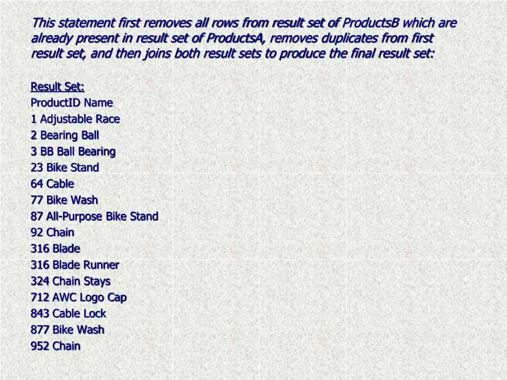 this statement first removes all rows from result