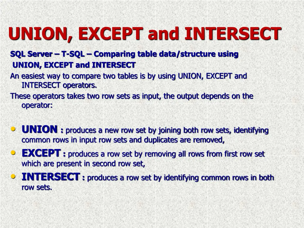 union except and intersect