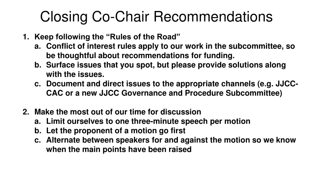 closing co chair recommendations