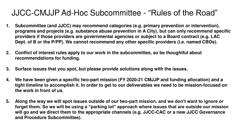 jjcc cmjjp ad hoc subcommittee rules of the road