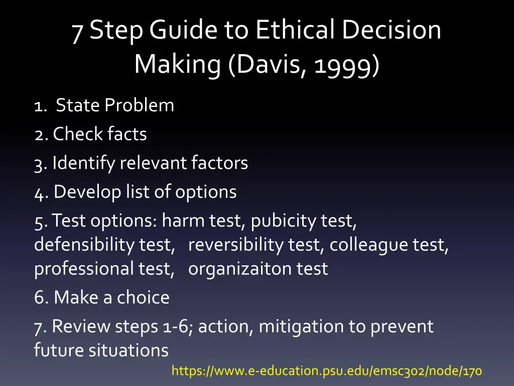 7 step guide to ethical decision making davis 1999