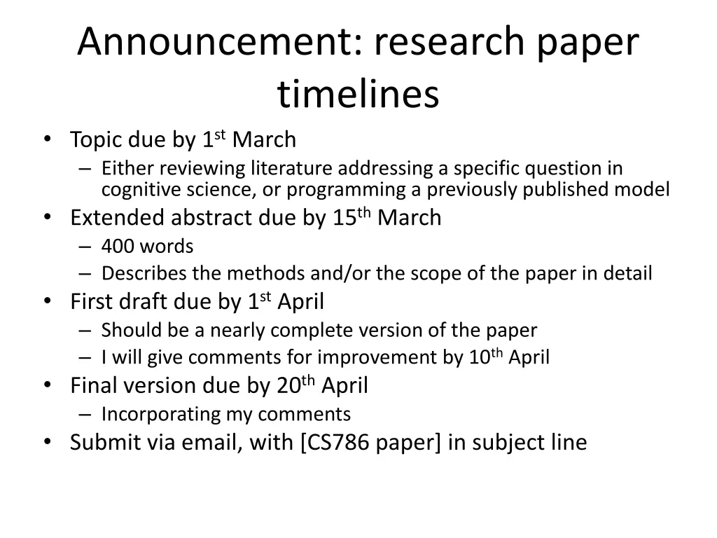 announcement research paper timelines topic