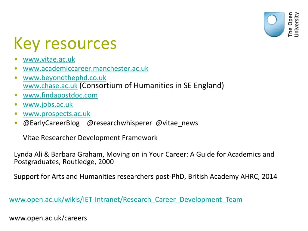 key resources www vitae ac uk www academiccareer
