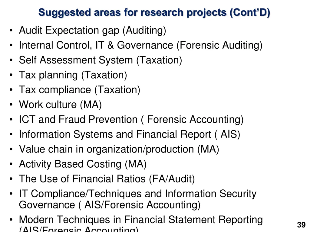 suggested areas for research projects cont d