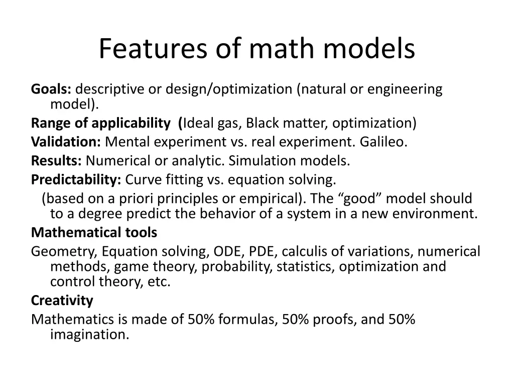 features of math models