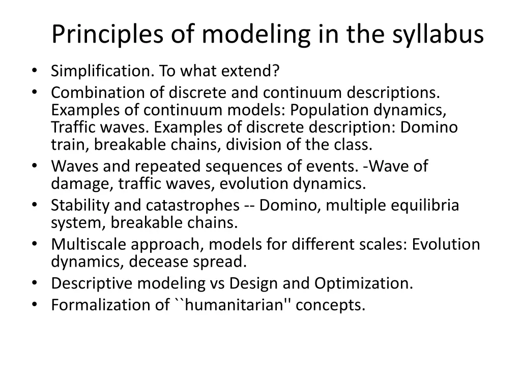principles of modeling in the syllabus