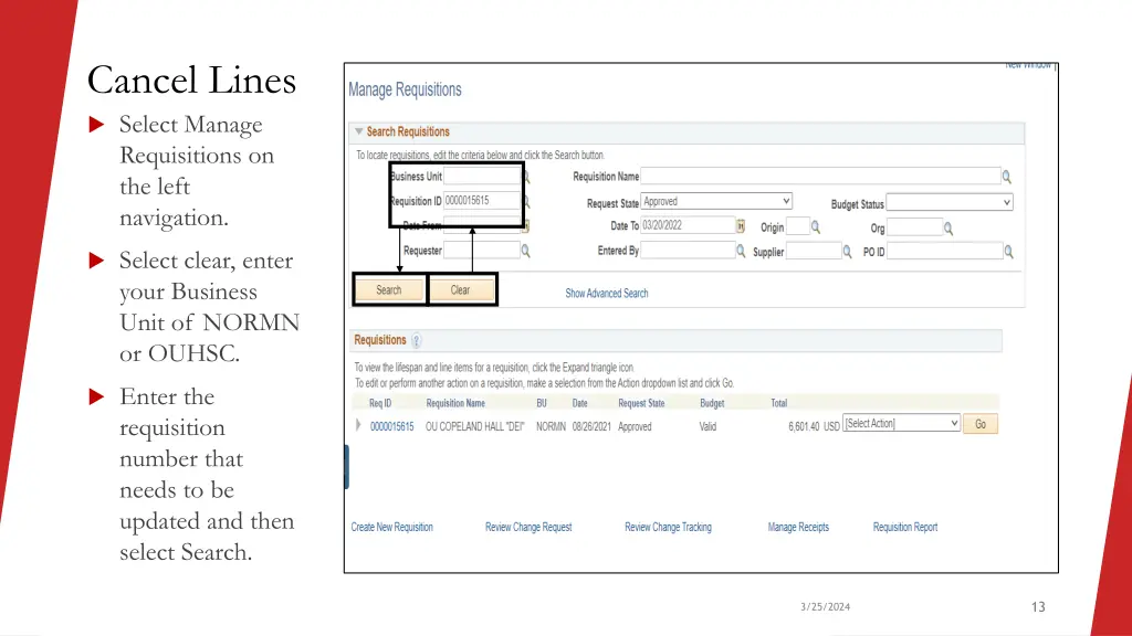 cancel lines select manage requisitions
