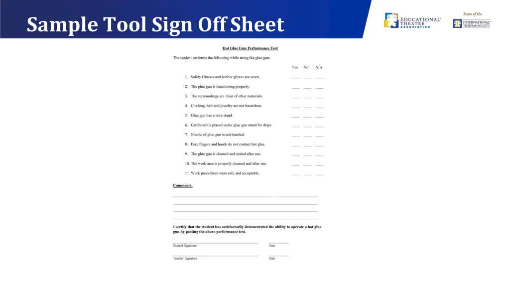 sample tool sign offsheet