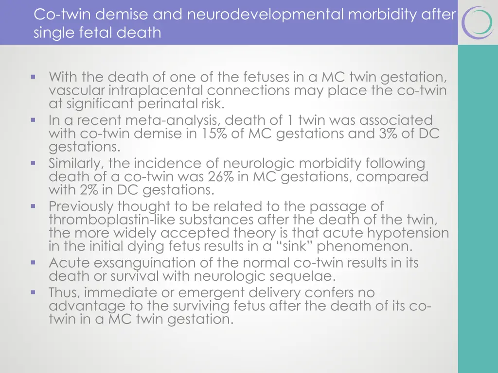 co twin demise and neurodevelopmental morbidity