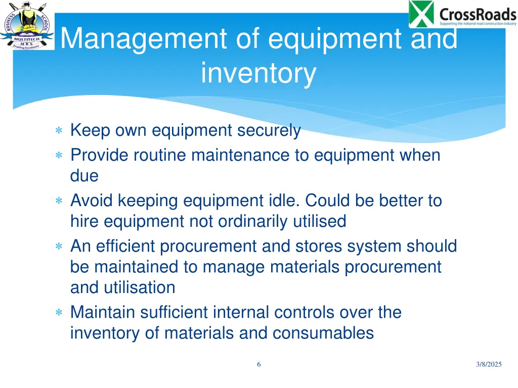 management of equipment and inventory