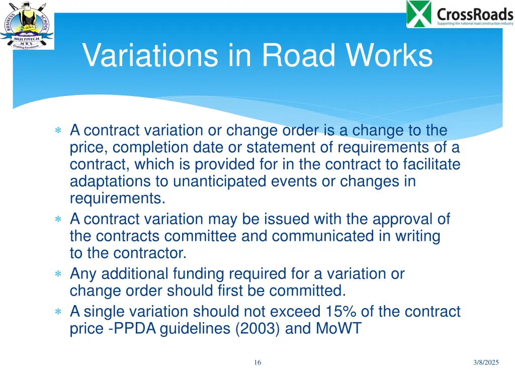 variations in road works