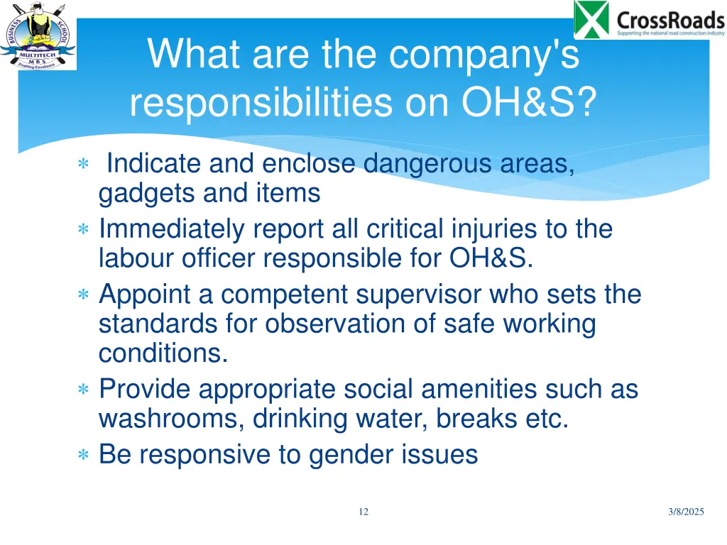 what are the company s responsibilities on oh s