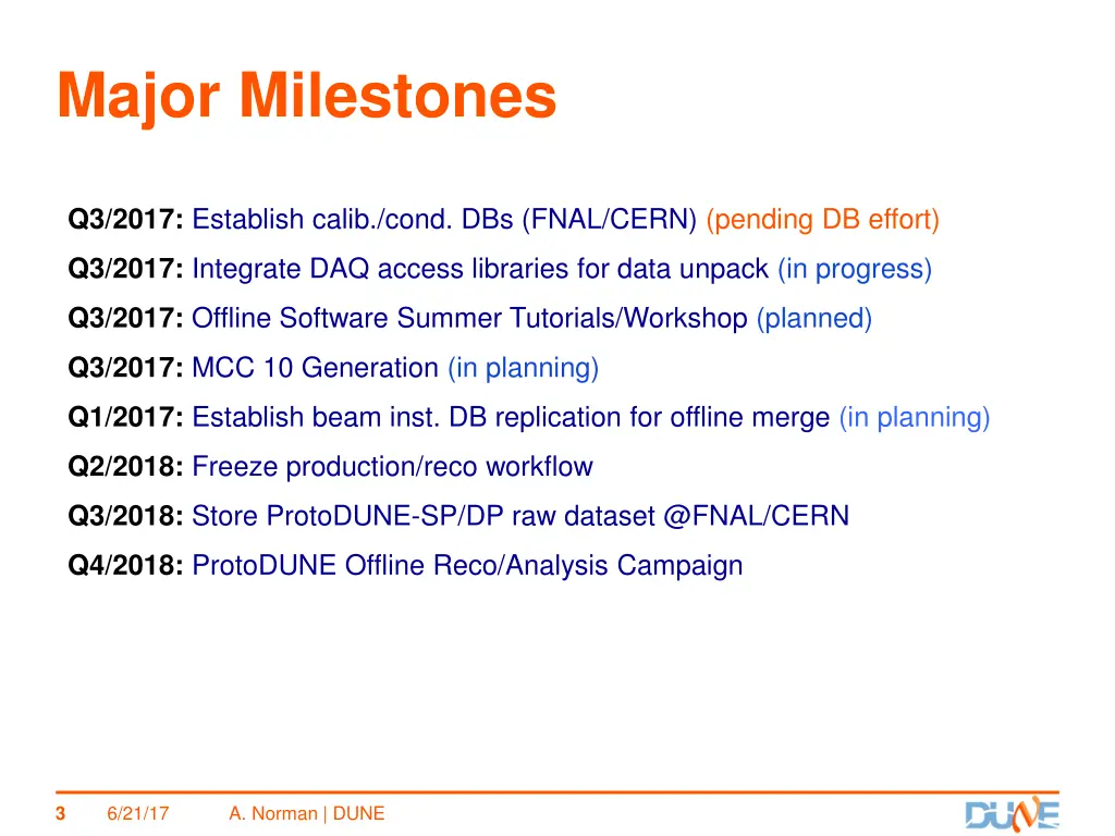 major milestones q3 2017 establish calib cond