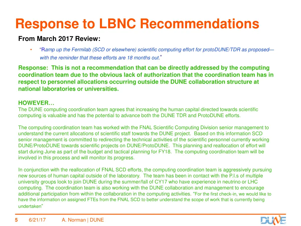 response to lbnc recommendations