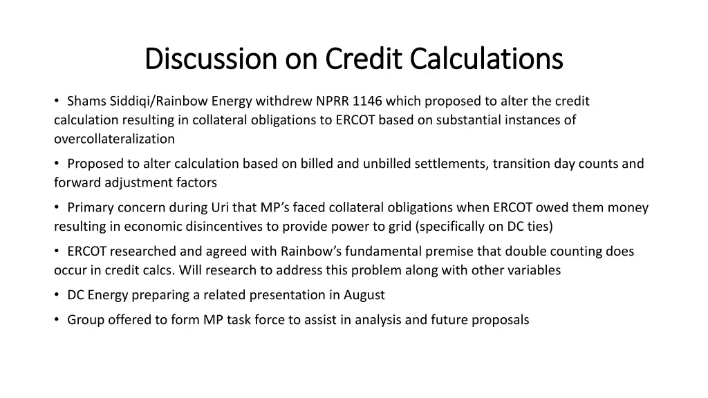 discussion on credit calculations discussion