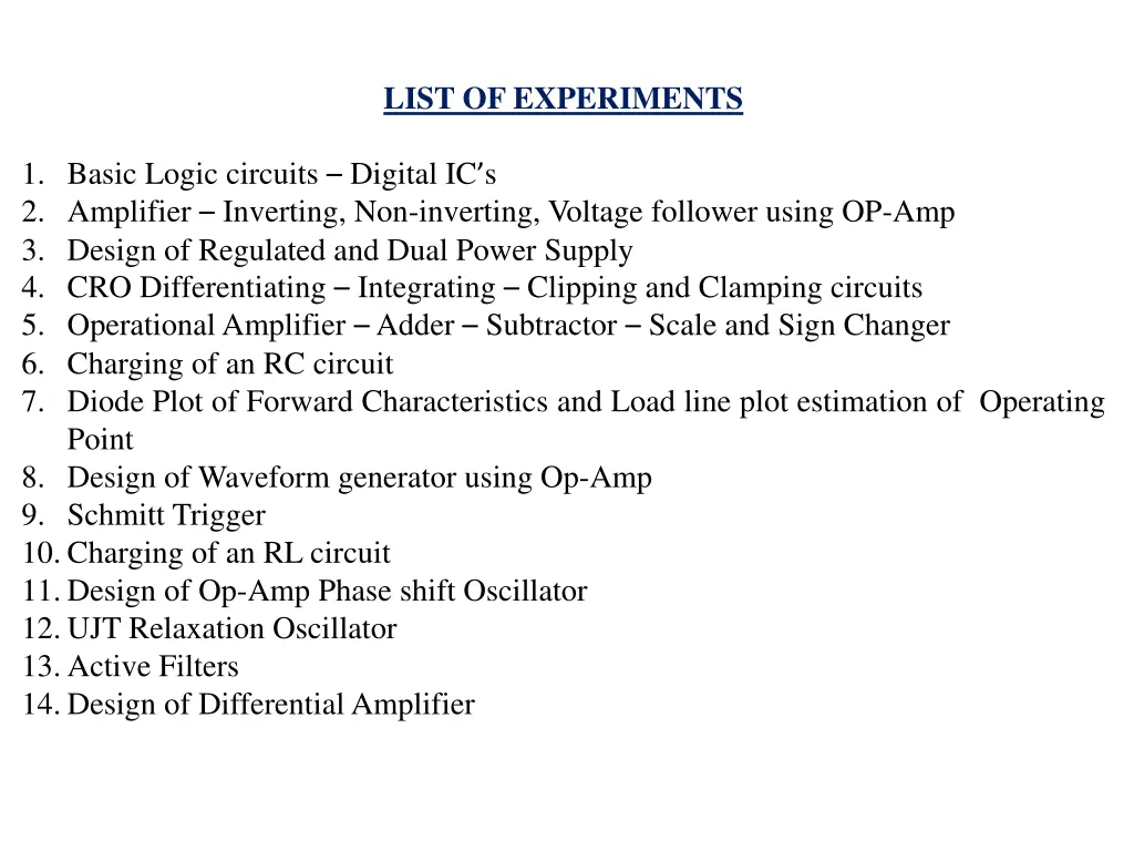 list of experiments