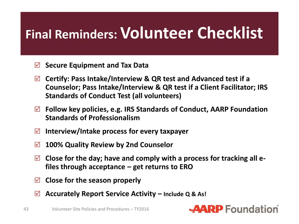 final reminders volunteer checklist