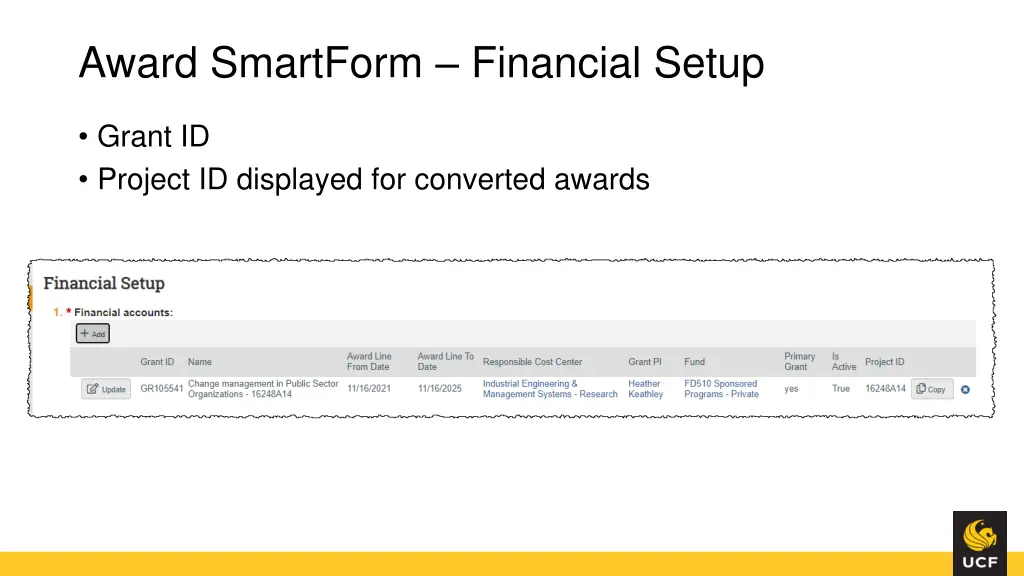 award smartform financial setup