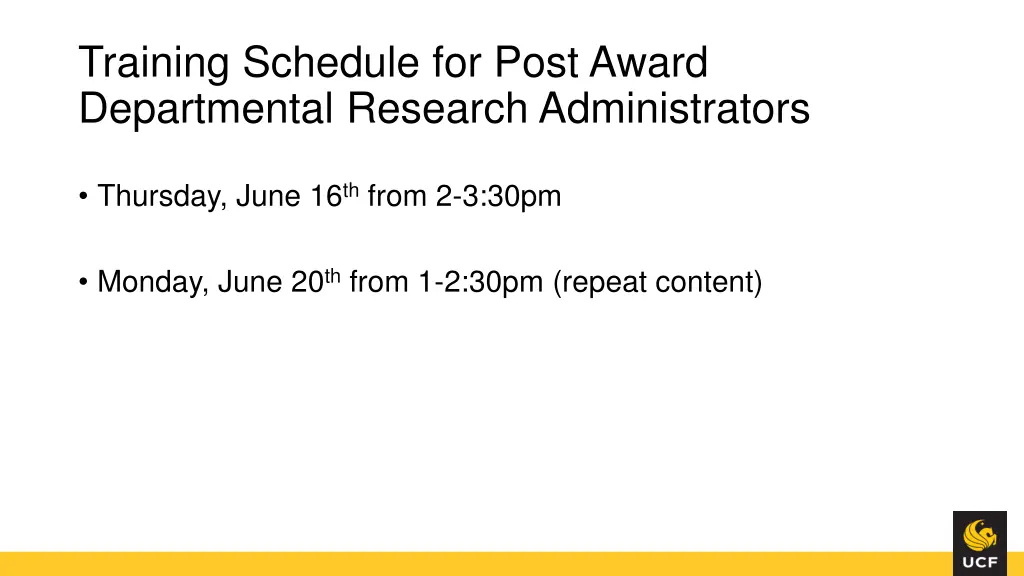 training schedule for post award departmental