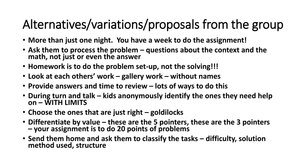 alternatives variations proposals from the group