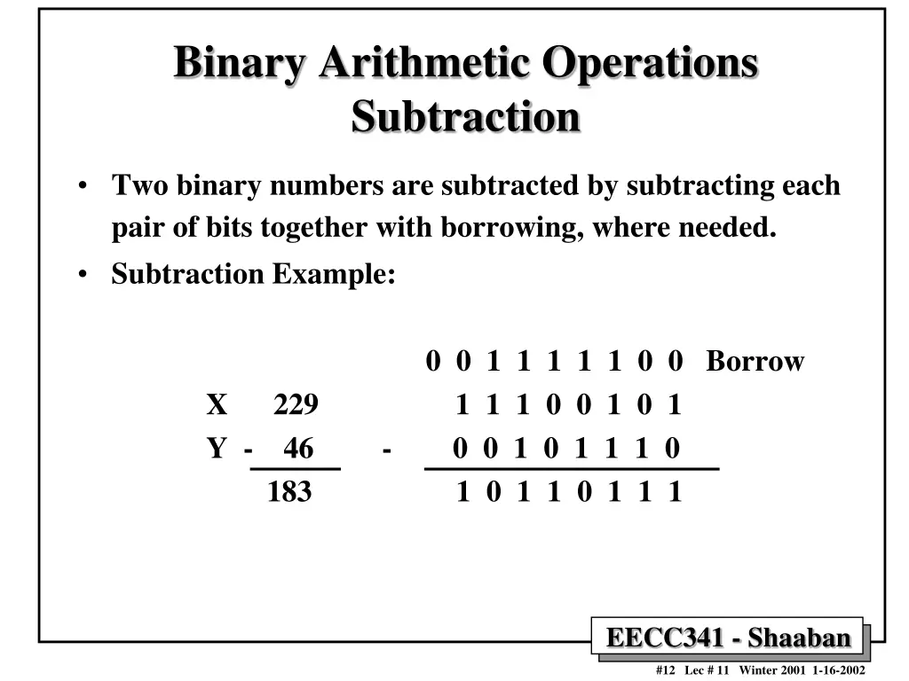 binary arithmetic operations subtraction