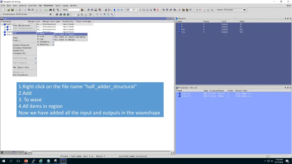 1 right click on the file name half adder