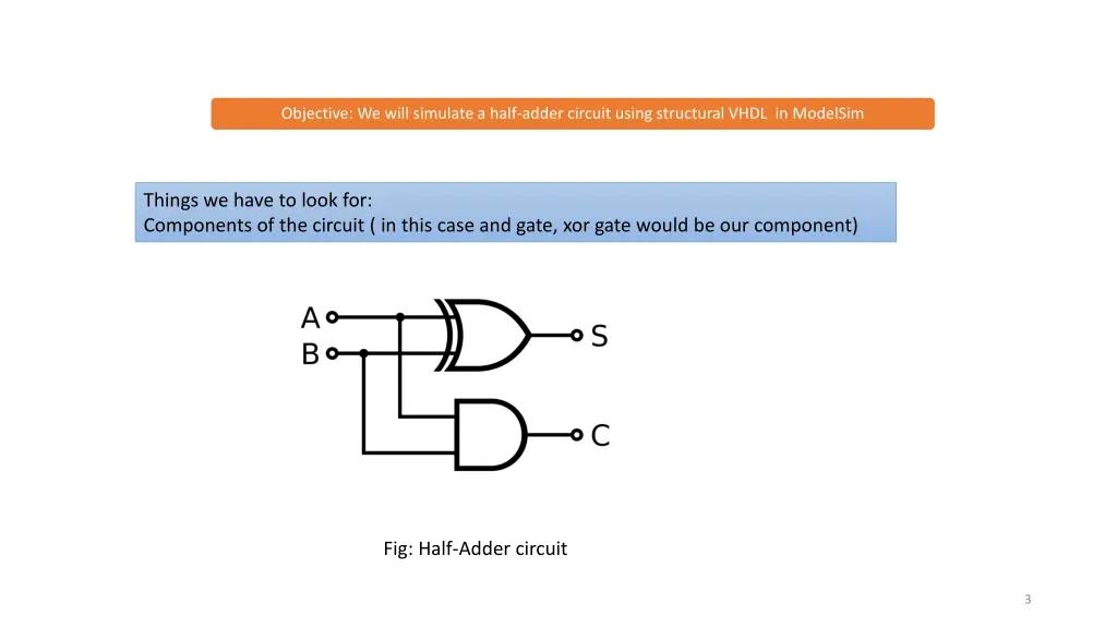 objective we will simulate a half adder circuit
