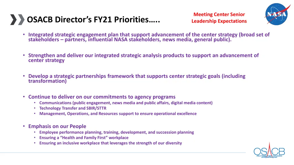 meeting center senior leadership expectations