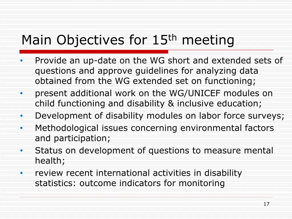 main objectives for 15 th meeting