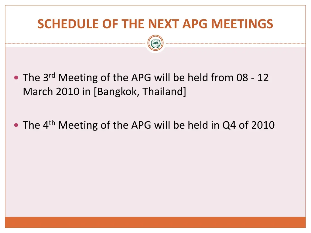 schedule of the next apg meetings