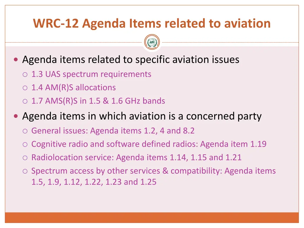 wrc 12 agenda items related to aviation