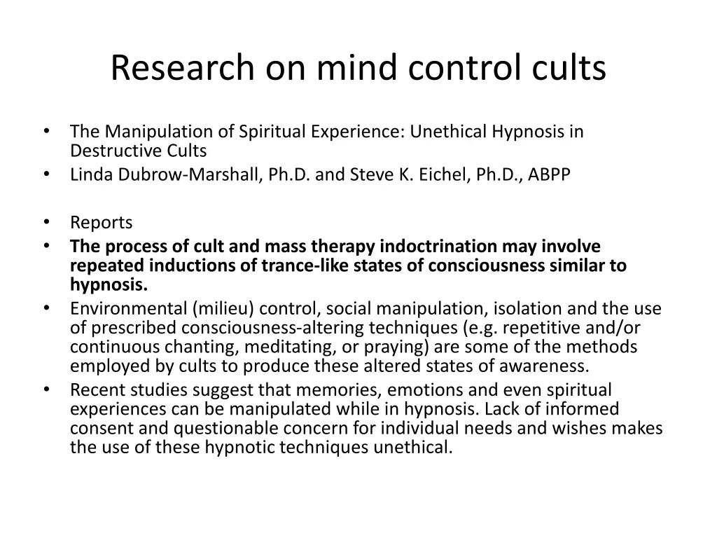 research on mind control cults